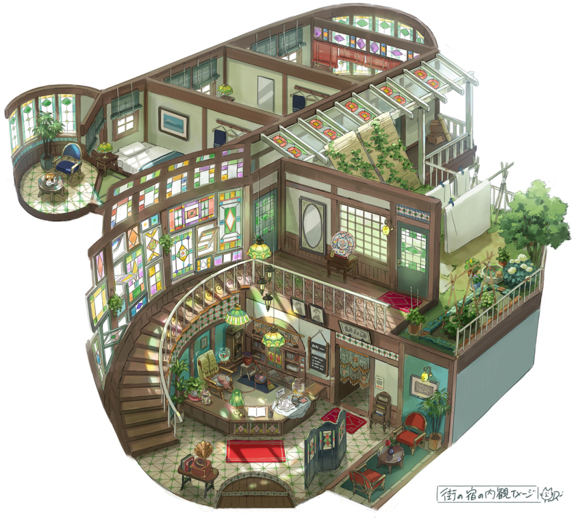 bag book bookshelf carpet cat chair concept_art couch cup desk door flower hanging_light highres indoors isometric ladder lamp loaded_interior no_humans original picture_frame plant poten potted_plant railing rug scenery shelf signature stairs stool suitcase table teapot tile_floor tiles tree window