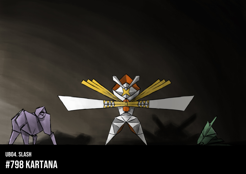 absurdres blacknirrow character_name dark english_text full_body gen_7_pokemon gradient_background grey_background highres kartana nintendo no_humans origami paper pokedex_number pokemon pokemon_(creature) simple_background solo standing straight-on ultra_beast