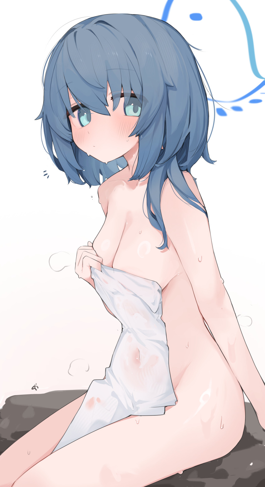 1girl absurdres aqua_eyes blue_archive blue_hair blue_halo blush breasts character_request commentary_request gradient_background halo highres looking_at_viewer medium_breasts medium_hair mikozin nude sitting wet wet_hair white_background