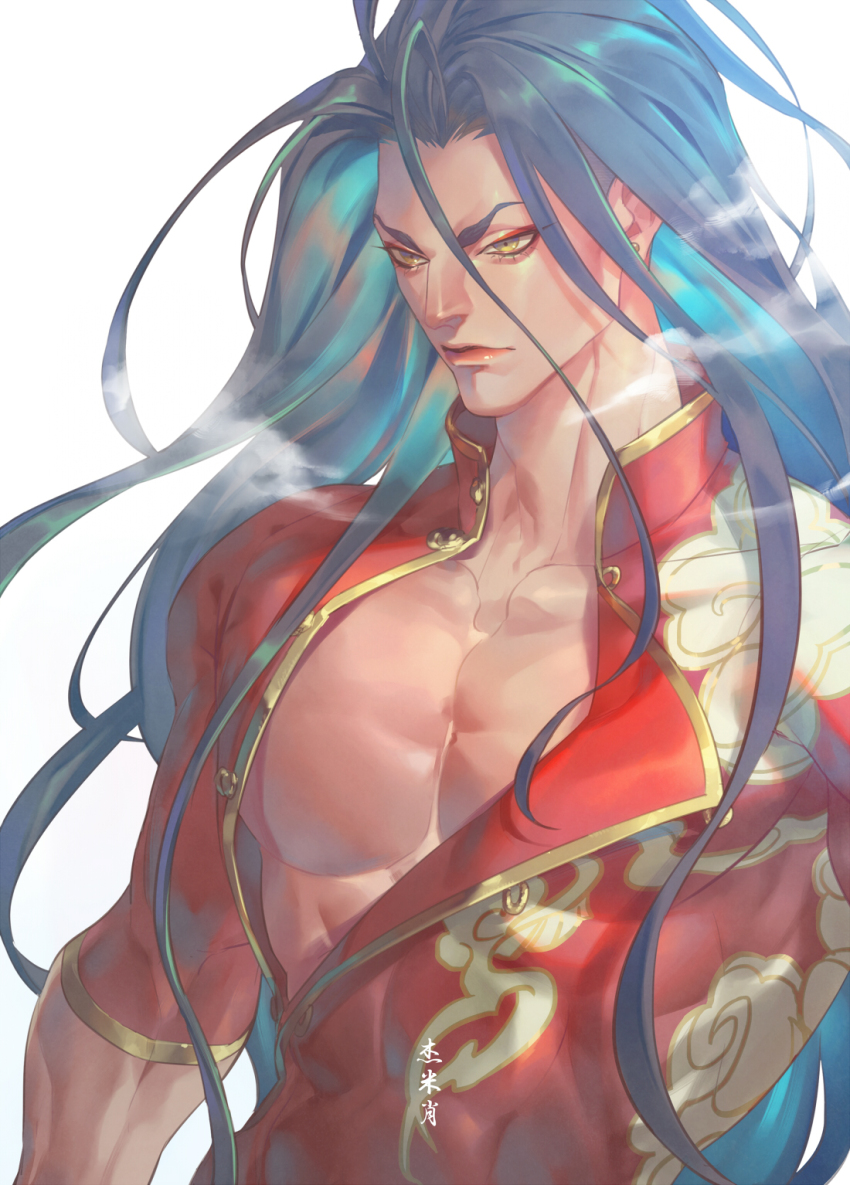1boy alternate_costume black_hair closed_mouth cloud_print commentary_request eyeliner gold_trim hair_down highres jamie_siu long_hair looking_ahead makeup male_focus mandarin_collar muscular muscular_male official_alternate_costume open_clothes open_robe patterned_clothing pectorals red_eyeliner red_robe robe simple_background solo street_fighter street_fighter_6 talgi upper_body v-shaped_eyebrows very_long_hair white_background xiangyun yellow_eyes