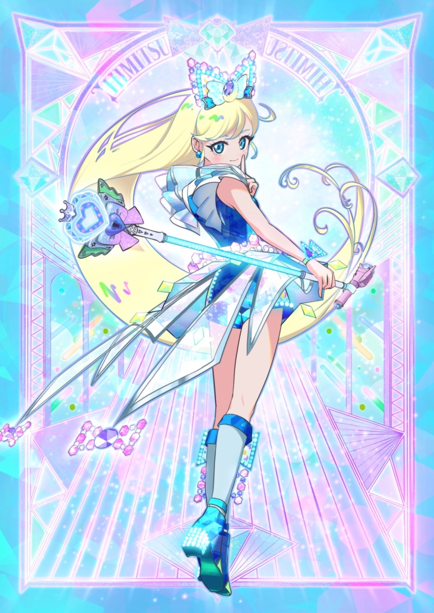 1girl bare_arms blonde_hair blue_eyes blue_romper blue_shoes blue_socks from_behind full_body highres himitsu_no_aipri himitsupuri holding holding_microphone_stand hoshikawa_mitsuki idol idol_clothes jewelry light_smile long_hair looking_at_viewer looking_back microphone microphone_stand neon_lights pretty_series romaji_text romper shoes socks solo standing straight_hair