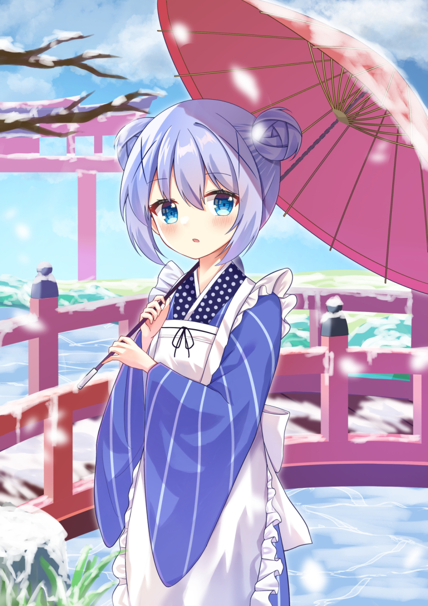 1girl apron blue_hair blue_kimono blush bridge child commentary day double_bun feet_out_of_frame frilled_apron frills gochuumon_wa_usagi_desu_ka? green_eyes hair_between_eyes hair_bun hair_ornament hands_up highres japanese_clothes kafuu_chino kimono kk0220 long_sleeves looking_at_viewer maid maid_apron medium_hair oil-paper_umbrella open_mouth outdoors red_umbrella snow snowing solo standing striped_clothes striped_kimono umbrella vertical-striped_clothes vertical-striped_kimono wa_maid white_apron wide_sleeves winter x_hair_ornament