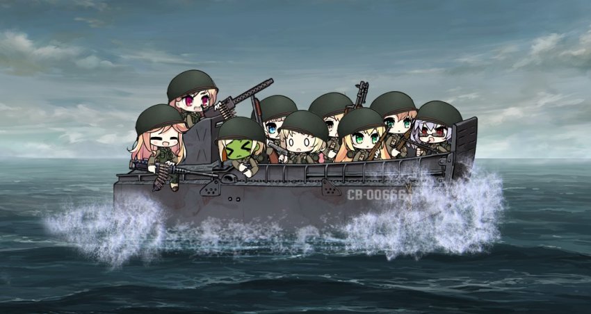 6+girls ammunition ammunition_belt army boat browning_m1919 browning_m2 bullet character_request chibi closed_eyes d-day girls&#039;_frontline gun hat heavy_machine_gun helmet landing_craft m1897_(girls&#039;_frontline) m1911_(girls&#039;_frontline) m1918_(girls&#039;_frontline) m1919a4_(girls&#039;_frontline) m1_garand_(girls&#039;_frontline) m2hb_(girls&#039;_frontline) machine_gun medium_machine_gun military military_hat military_uniform multiple_girls ocean on_boat remington_model_31 rifle seasick shotgun springfield_(girls&#039;_frontline) submachine_gun sunglasses the_mad_mimic thompson_(girls&#039;_frontline) watercraft weapon world_war_ii