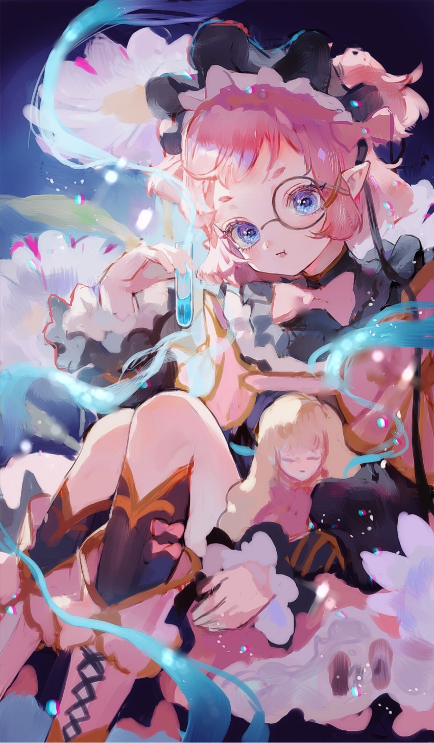 1girl :t black-framed_eyewear black_bonnet black_dress black_socks blue_background bonnet boots bow bow_legwear bowtie chinese_commentary closed_mouth collared_dress commentary_request daisy_(flower) doll dress feet_out_of_frame flower frilled_dress frilled_headwear frilled_sleeves frills frown highres holding holding_beaker holding_doll kneehighs knees_up lace-up_boots light_particles long_sleeves maccha_(mochancc) monocle original pink_bow pink_hair pointy_ears potion pout puffy_long_sleeves puffy_sleeves round_eyewear shawl short_dress short_hair sitting smoke socks solo traditional_bowtie two_side_up white_boots white_bow white_bowtie white_flower white_shawl