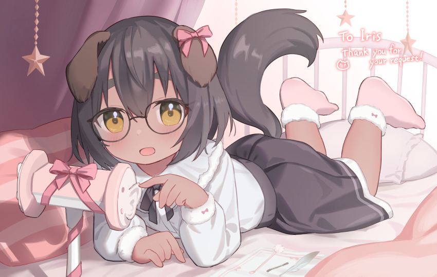 1girl animal_ears asmr binaural_microphone black_hair blush bow character_request cloneko_(zelmeledf2) commentary_request commission copyright_request dark-skinned_female dark_skin dog_ears dog_girl ear_bow feet_up glasses highres long_sleeves lying microphone on_stomach open_mouth pink_bow signature skeb_commission solo yellow_eyes