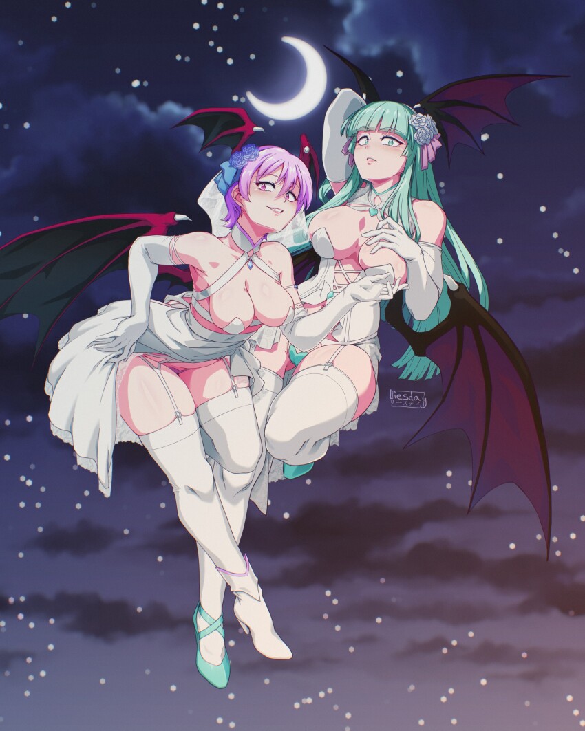2girls absurdres bat_wings blunt_bangs breasts bridal_lingerie cloud commission crescent crescent_moon darkstalkers demon_wings dress elbow_gloves flying full_body gloves green_eyes head_wings highres ledy lilith_(darkstalkers) lingerie long_hair looking_at_viewer moon morrigan_aensland multiple_girls night purple_eyes purple_hair revealing_clothes short_hair sky smile star_(sky) starry_sky thigh_strap thighhighs underwear wedding_dress white_dress white_gloves white_thighhighs wings
