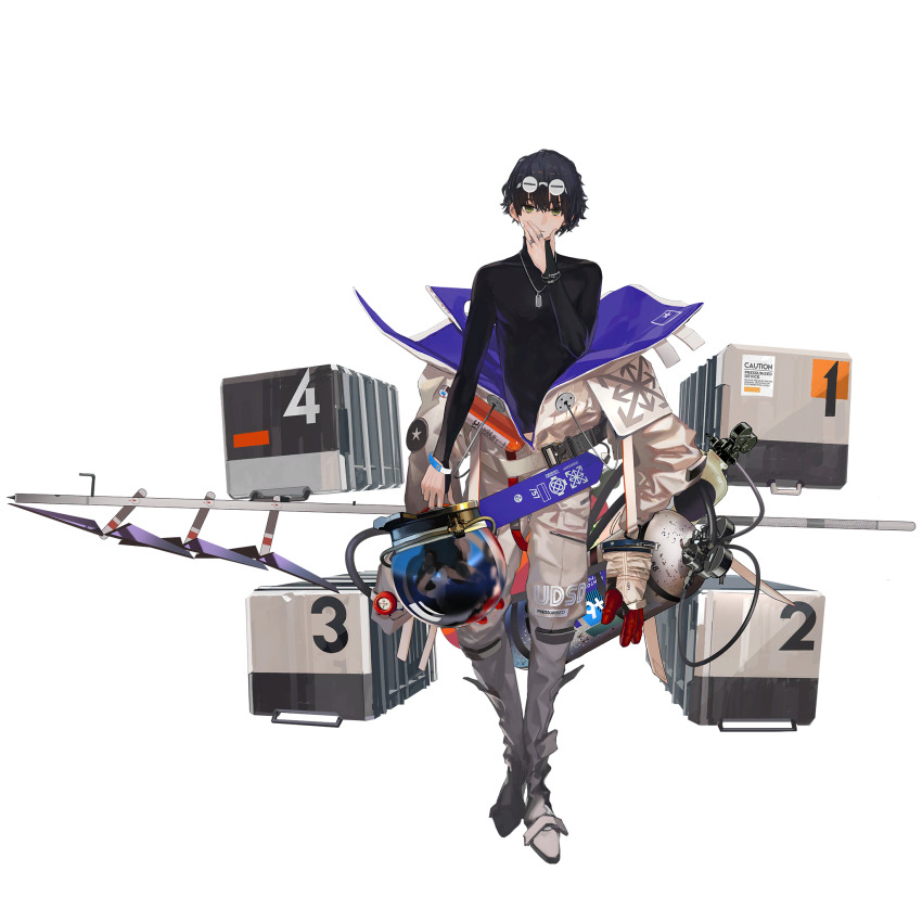 1boy black_hair bodysuit diving_suit dog_tags full_body game_cg girls&#039;_frontline girls&#039;_frontline_neural_cloud goggles goggles_on_head hand_to_own_mouth helmet highres holding holding_helmet jewelry lin+ looking_at_viewer male_focus official_art oxygen_tank partially_unzipped ring solo space_helmet spacesuit sueyoi_(neural_cloud) third-party_source transparent_background unworn_headwear unworn_helmet wetsuit