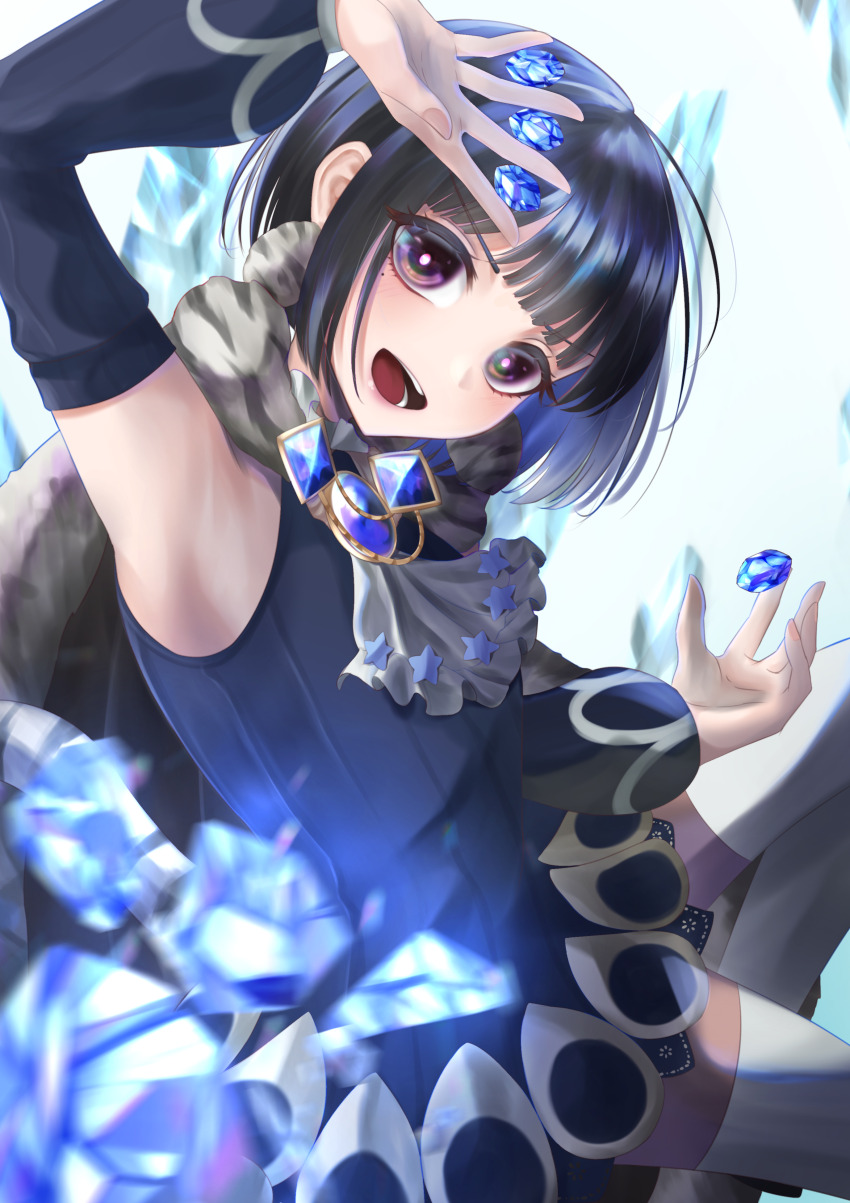 1girl absurdres black_eyes black_hair blue_gemstone cape detached_sleeves fur_cape gem highres hime_cut kagamiwor lapis_lazuline magical_girl mahou_shoujo_ikusei_keikaku short_hair smile star_ornament thighhighs white_thighhighs