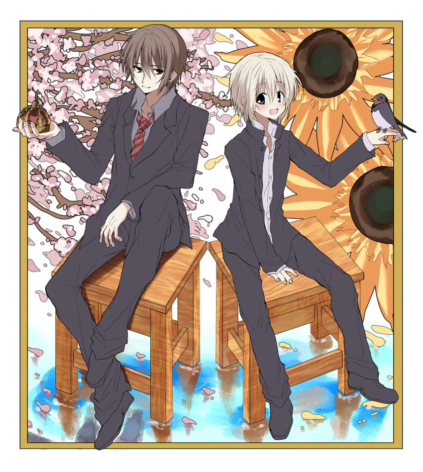 2boys :d arm_rest between_legs bird bird_on_hand black_eyes black_footwear black_jacket black_pants black_suit brown_eyes brown_hair cherry_blossoms closed_mouth collared_shirt crown dress_shirt flower formal_clothes gakuran grey_shirt hair_between_eyes hand_between_legs highres holding holding_crown jacket kasukasugom1 knee_up kusanagi_naoya light_smile long_sleeves looking_at_another multiple_boys natsume_kei_(sakura_no_uta) necktie open_mouth pants red_necktie sakura_no_toki sakura_no_uta school_uniform shirt shoes short_sleeves sitting smile straight_hair suit sunflower tareme white_hair white_shirt