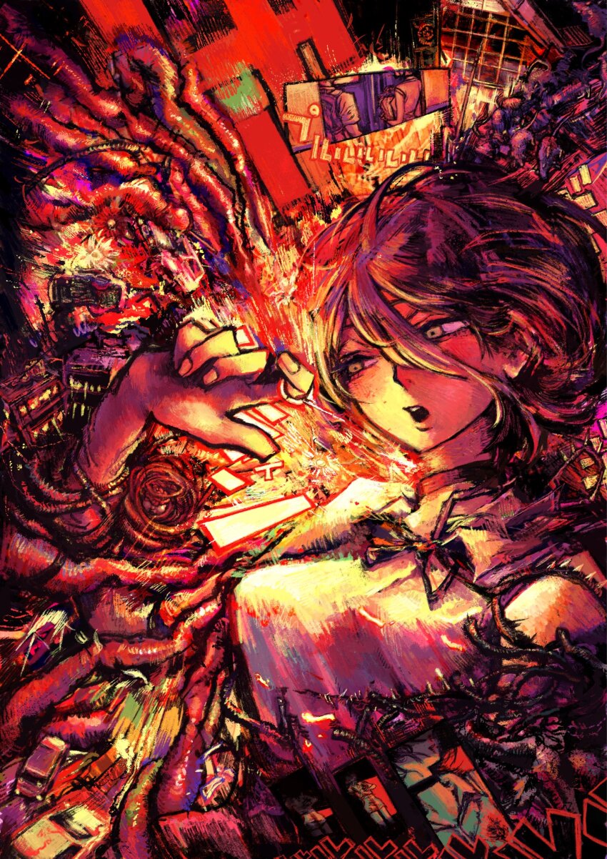 1girl ane_(yakamashi0) black_choker black_ribbon chainsaw_man choker explosion grenade_pin grey_eyes hair_between_eyes highres intestines neck_ribbon open_mouth purple_hair reze_(chainsaw_man) ribbon shirt sleeveless sleeveless_shirt solo sparks white_shirt