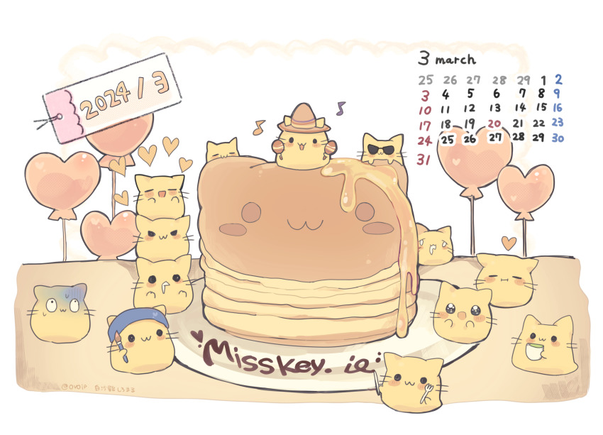 :3 balloon beret blob_(google) calendar_(medium) cat commentary_request dated drooling eighth_note face_of_the_people_who_sank_all_their_money_into_the_fx_(meme) food fork hat heart heart_balloon highres holding holding_fork holding_instrument holding_maracas holding_paintbrush instrument maracas meme misskey.io musical_note no_humans ovoip paintbrush pancake signature sombrero sunglasses sweat turn_pale