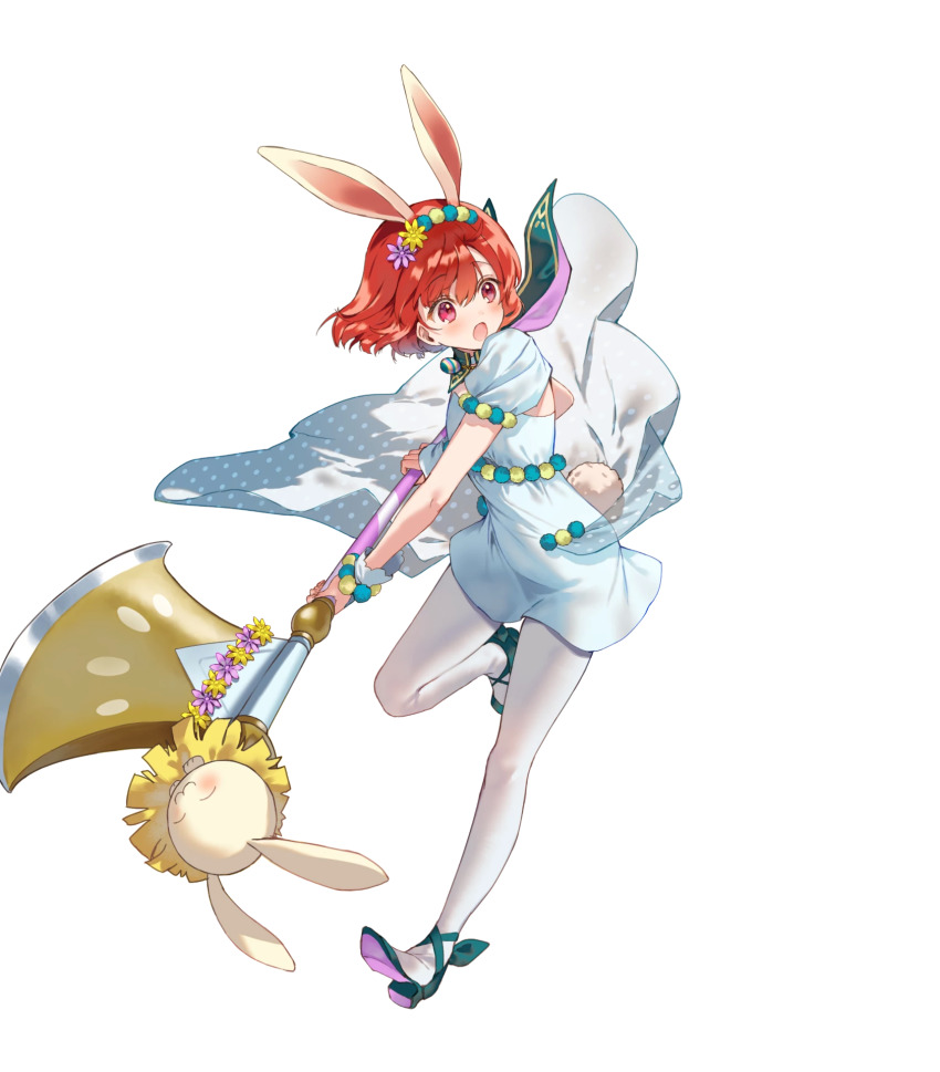 1girl animal_ears artist_request axe blue_dress blue_shoes blush dress fake_animal_ears fire_emblem fire_emblem:_mystery_of_the_emblem fire_emblem_heroes full_body hair_between_eyes hand_up highres holding holding_axe holding_weapon maria_(fire_emblem) maria_(spring)_(fire_emblem) nintendo non-web_source open_mouth pantyhose puffy_short_sleeves puffy_sleeves rabbit_ears red_eyes red_hair shoes short_hair short_sleeves solo transparent_background weapon white_pantyhose