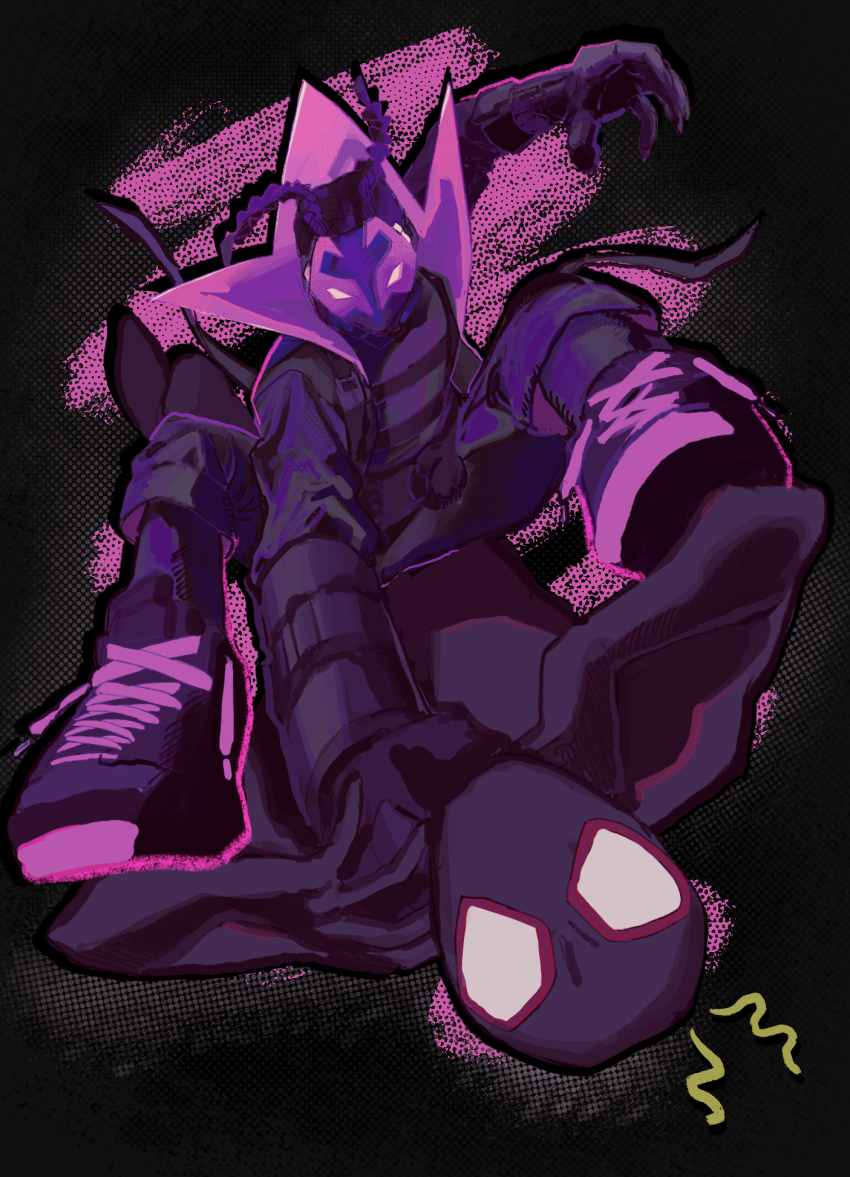 2boys black_background braid claws commentary_request cornrows dual_persona duel high_collar highres male_focus marvel mask miles_g._morales miles_morales multiple_boys pink_background pink_theme prowler_(marvel) shoes sneakers spider-man:_across_the_spider-verse spider-man_(miles_morales) spider-man_(series) spider-verse strangling superhero_costume tami_tome_mo twin_braids