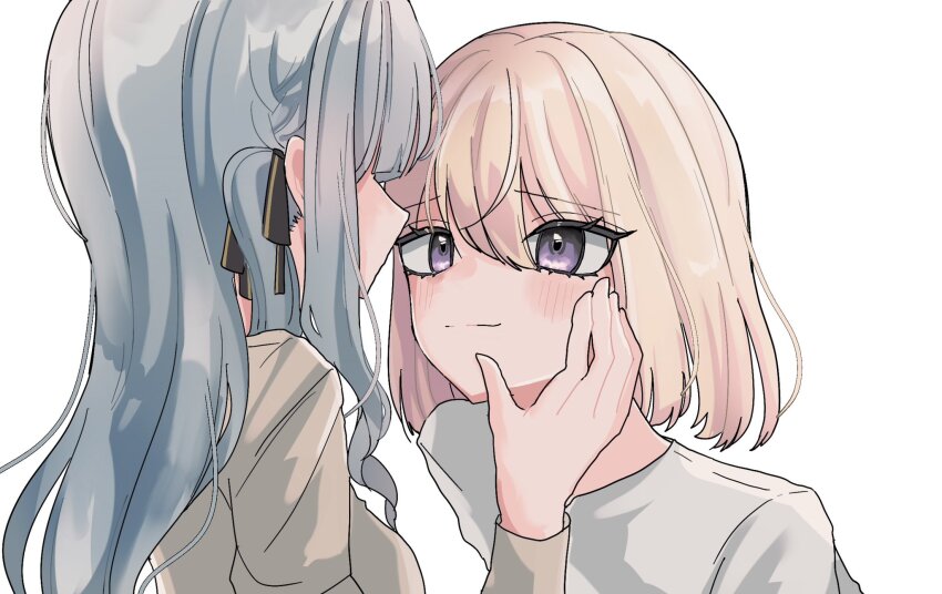 2girls bang_dream! bang_dream!_it&#039;s_mygo!!!!! black_ribbon blonde_hair blue_hair commentary_request hair_ribbon highres long_sleeves looking_at_another medium_hair misumi_uika multiple_girls nyako_(2446_ny) purple_eyes ribbon shirt simple_background togawa_sakiko two_side_up white_background white_shirt yuri