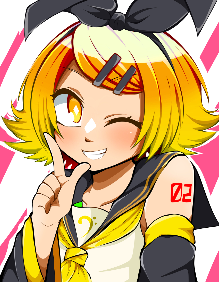1girl ;d arm_tattoo bass_clef black_hairband black_sailor_collar black_sleeves blonde_hair bow_hairband commentary_request detached_sleeves diamond-shaped_pupils diamond_(shape) finger_gun grin hair_ornament hairband hairclip highres kagamine_rin medibang_paint_(medium) neckerchief neko_7567 number_tattoo one_eye_closed open_mouth partial_commentary sailor_collar shirt smile solo striped_background symbol-shaped_pupils tattoo teeth vocaloid white_shirt yellow_eyes yellow_neckerchief