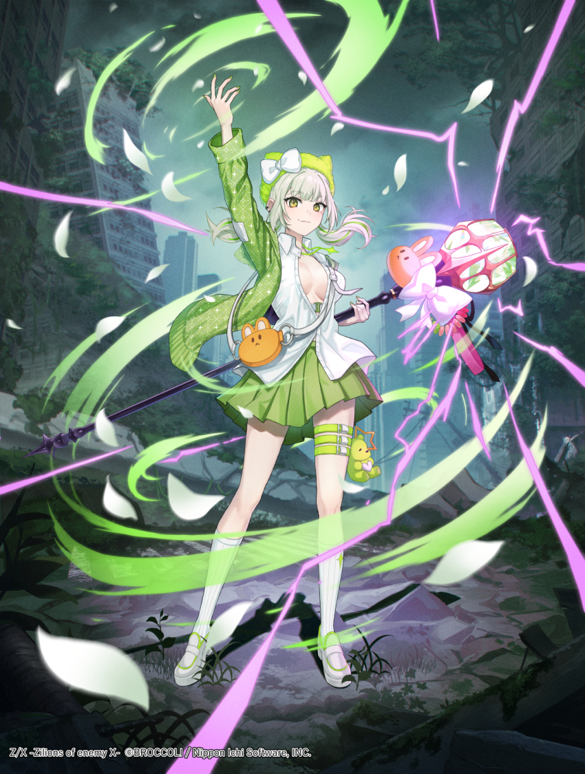 1girl arm_up blush breasts center_opening character_request deca_purio full_body green_eyes green_hair green_jacket green_skirt grey_hair hat hat_ornament highres holding holding_wand jacket large_breasts long_hair looking_at_viewer multicolored_hair official_art outdoors partially_unbuttoned pink_hair polka_dot polka_dot_jacket ruins shirt skirt smile solo thigh_strap wand white_shirt z/x