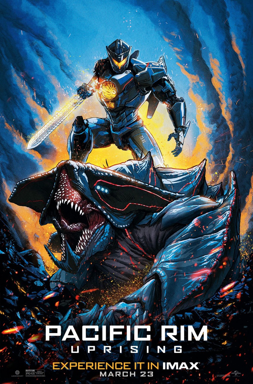 alien bioluminescence body_markings cannon chain_sword_2.0 chest_cannon directed-energy_weapon dual_vortex_turbine embers energy energy_cannon energy_weapon gipsy_avenger glowing glowing_eyes glowing_veins highres jaeger_(pacific_rim) kaiju legendary_pictures mecha movie_poster neon_trim official_art pacific_rim pacific_rim_uprising pan_pacific_defense_corps robot shrikethorn sword veins weapon whip whip_sword