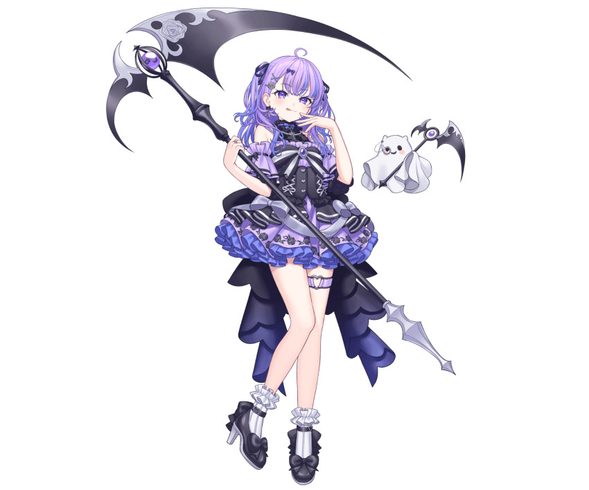 1girl ahoge black_dress black_shoes blush dress frilled_dress frills full_body ghost hair_ornament hairclip halterneck heart heart_o-ring highres holding holding_scythe jewelry lq_saku luminaria_pro maimiya_rinne monocle multicolored_hair o-ring official_art purple_brooch purple_eyes purple_hair ring scythe shoes simple_background socks solo standing streaked_hair thigh_strap tongue transparent_background two_side_up virtual_youtuber white_socks x_hair_ornament