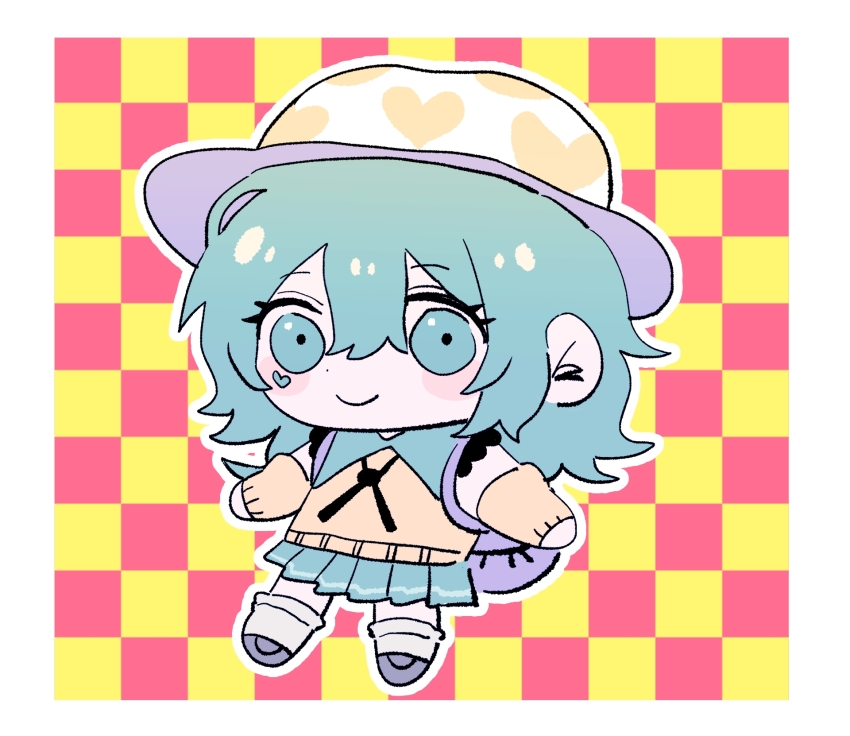 1girl backpack bag blush checkered_background chibi chibi_only detached_sleeves full_body green_eyes green_hair hat heart heart_print highres komeiji_koishi looking_at_viewer non-web_source pure short_hair skirt smile solo touhou