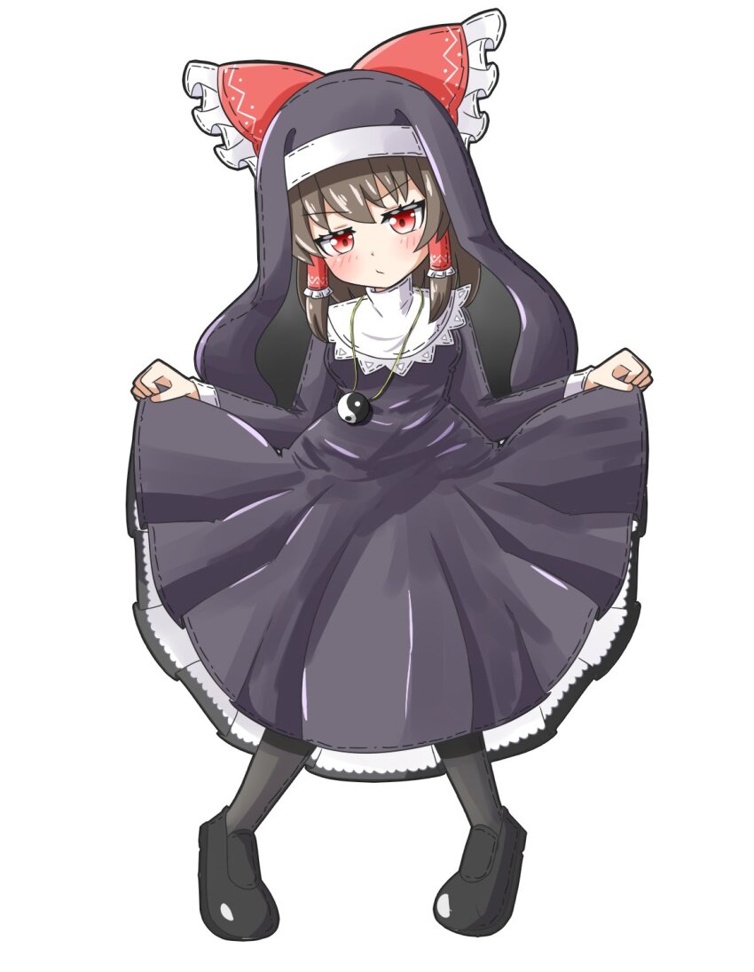 1girl alternate_costume black_dress black_footwear blush bow brown_hair commentary dress frilled_bow frilled_hair_tubes frills habit hair_bow hair_tubes hakurei_reimu highres jewelry long_hair long_sleeves looking_at_viewer nun pendant red_bow red_eyes simple_background skirt_hold solo touhou white_background yin_yang zenji029