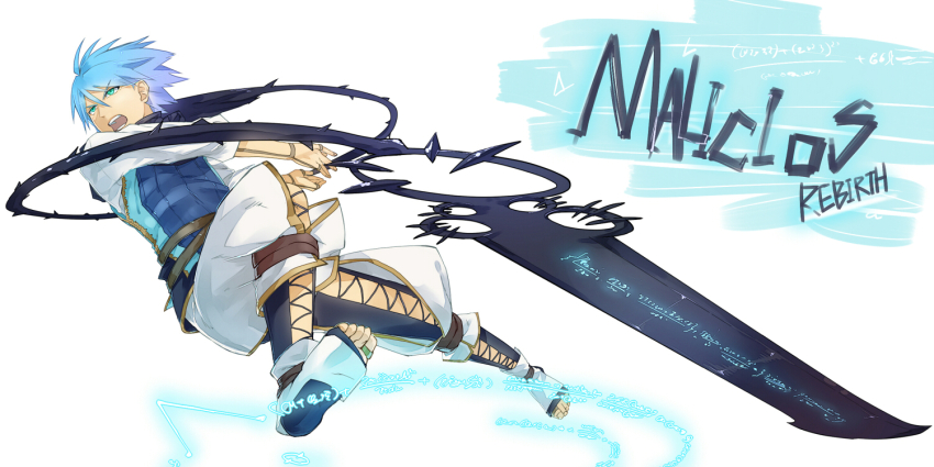 1boy attack barefoot belt blue_eyes blue_hair blue_tunic brown_belt brown_gloves character_request copyright_name copyright_request dress_shirt dynamic_pose energy energy_sword english_text facing_to_the_side gloves gurast hair_slicked_back holding holding_sword holding_weapon huge_weapon knee_up looking_to_the_side magic male_focus malicious open_mouth outstretched_arms pants partially_fingerless_gloves serious shirt shorts socks sword thorns tunic turning_head valeria_(malicious) weapon whip white_background white_pants white_shirt white_shorts white_socks