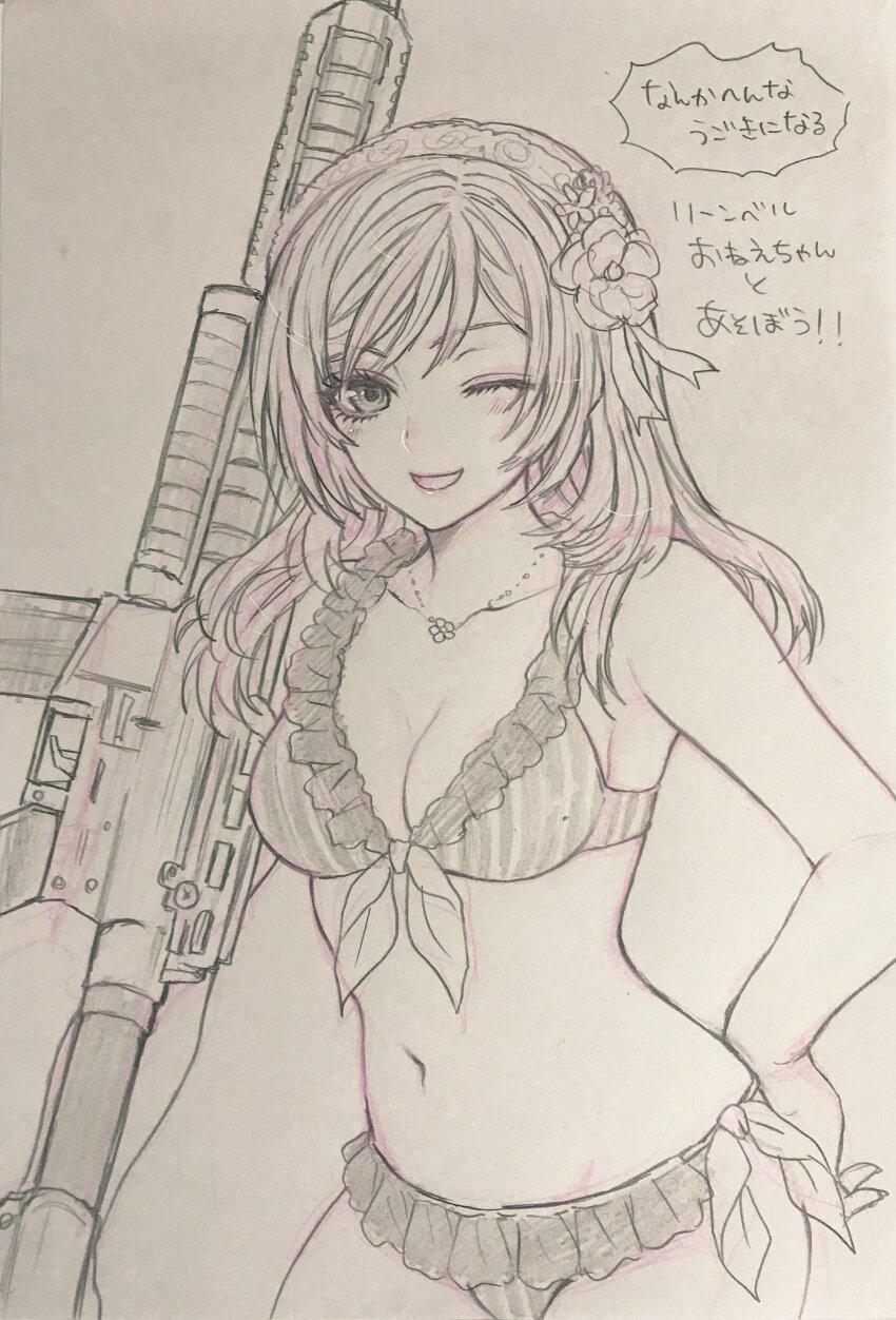 1girl end_of_eternity flower greyscale gun hair_flower hair_ornament higemaccho highres holding jewelry long_hair looking_at_viewer monochrome navel necklace one_eye_closed open_mouth reanbell simple_background smile solo star_ocean star_ocean_anamnesis swimsuit weapon white_background