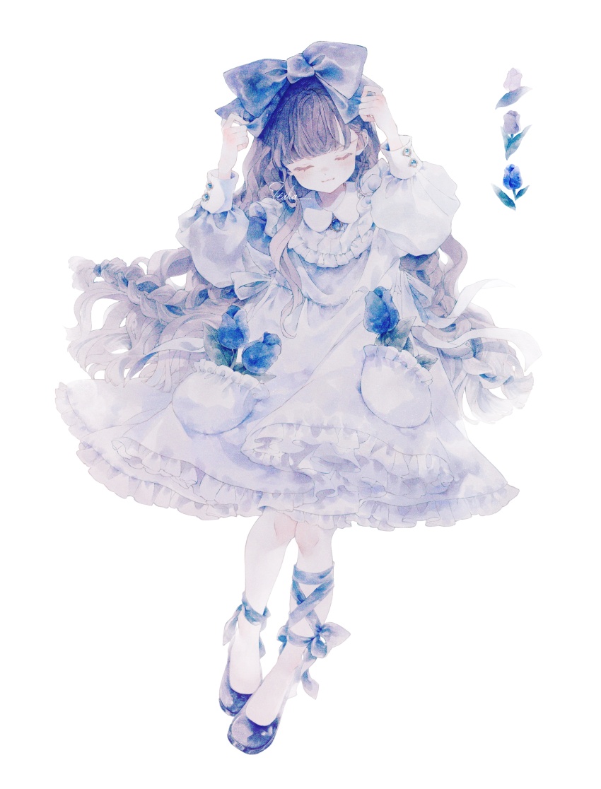 1girl absurdres arms_up blue_bow blue_flower blue_ribbon blue_theme blue_tulip bow braid closed_eyes closed_mouth commentary dress facing_viewer flats flower flower_in_pocket frilled_dress frills full_body grey_hair hair_bow highres leg_ribbon long_hair original pocket ribbon signature simple_background socks solo standing symbol-only_commentary tulip twin_braids utaha_uta white_background white_dress white_flower white_socks white_tulip