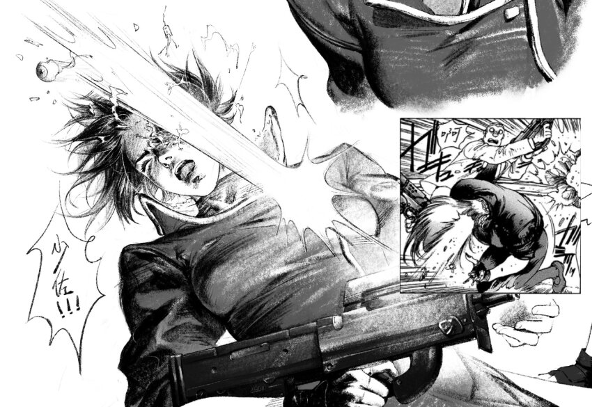 1boy 1girl aizheajsee batou_(gits) black_hair bullpup cyborg eye_injury eyeball ghost_in_the_shell gun headshot highres holding holding_gun holding_weapon kusanagi_motoko medium_hair official_art_inset p90 solo_focus submachine_gun surprised weapon