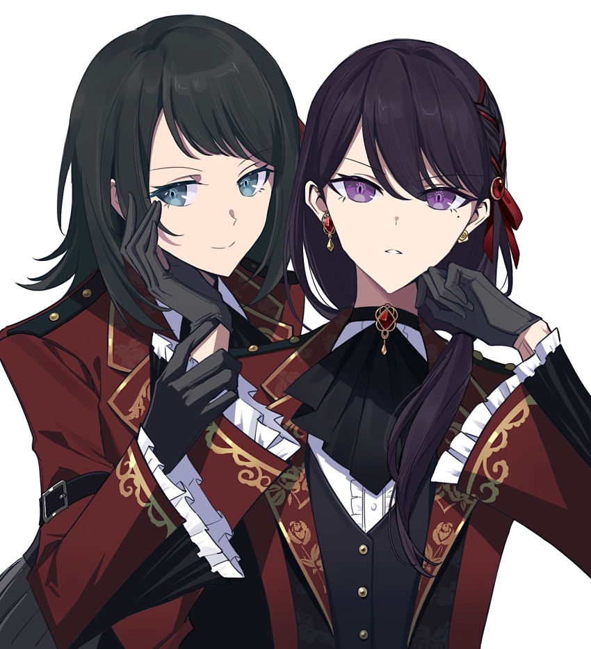 2girls ascot bang_dream! bang_dream!_it&#039;s_mygo!!!!! black_ascot black_gloves black_hair black_vest blue_eyes brooch chinese_commentary closed_mouth commentary_request earrings gloves hair_ribbon hand_on_another&#039;s_chin highres jacket jewelry long_sleeves looking_at_viewer medium_hair mole mole_under_eye multiple_girls purple_eyes red_brooch red_jacket red_ribbon ribbon ringo_orihara second-party_source shiina_taki simple_background upper_body vest watermark weibo_watermark white_background yahata_umiri yuri