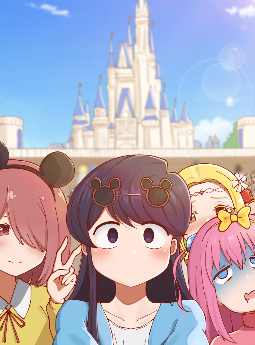 6+girls absurdres animal_ears black_eyes black_hair blonde_hair blue_eyes blurry blurry_foreground bocchi_the_rock! brown_eyes brown_hair commentary crossover day disneyland edomae_elf eldali_ilma_fanomenel elf eyewear_on_head fake_animal_ears gloom_(expression) gotoh_hitori hair_over_one_eye highres hoshino_miyako_(wataten) komi-san_wa_komyushou_desu komi_shouko long_hair matsumoto_kouko medium_hair mickey_mouse_ears mouse_ears multiple_crossover multiple_girls no_mouth outdoors pink_hair poa_mellhen pointy_ears selfie shaded_face sunglasses trait_connection translated v watashi_ni_tenshi_ga_maiorita! yamai_ren