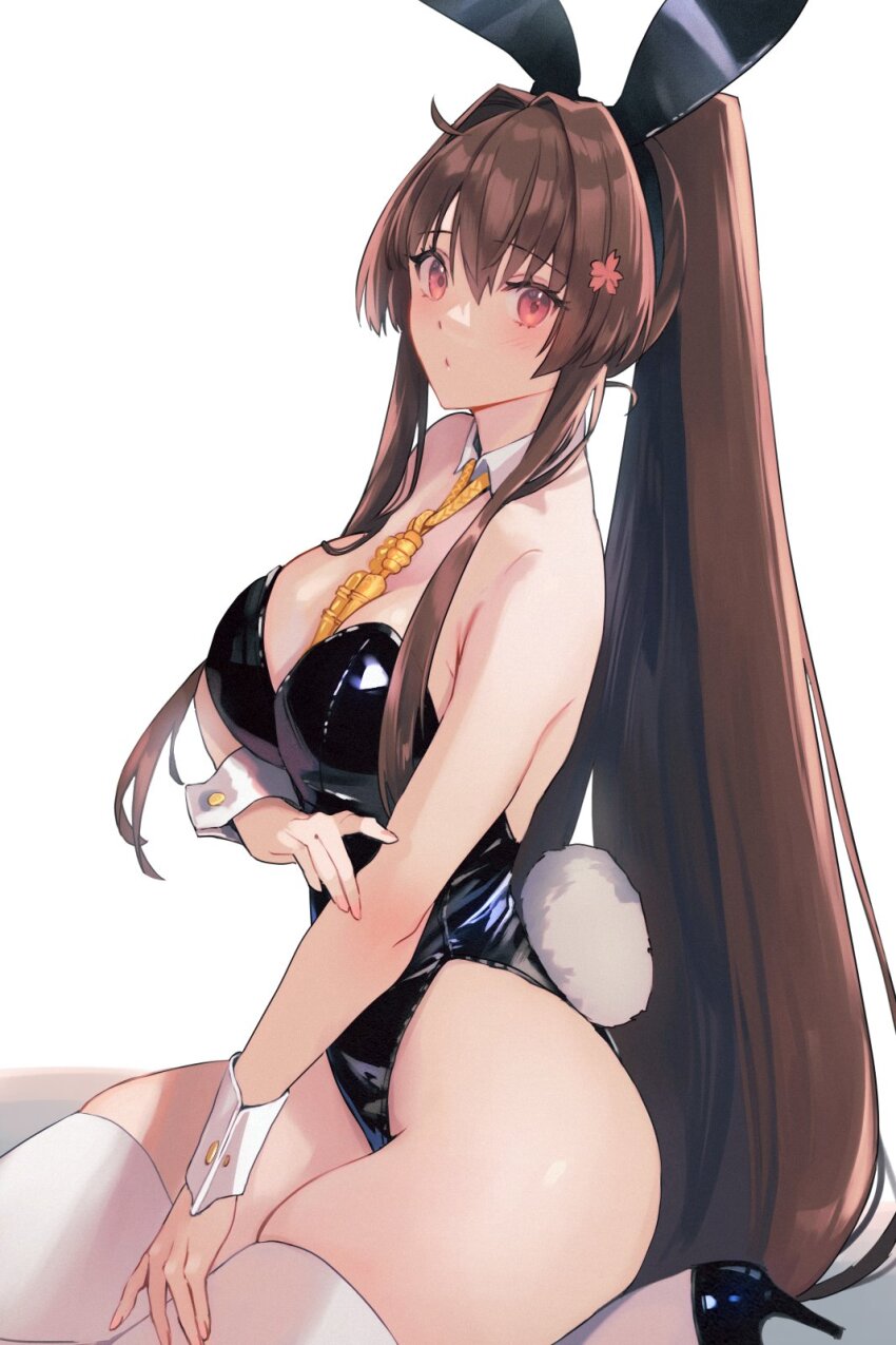 1girl animal_ear_hairband animal_ears black_footwear black_leotard breasts brown_hair detached_collar fake_animal_ears hair_intakes hairband high_heels highres kantai_collection kasumi_(skchkko) large_breasts leotard long_hair looking_at_viewer necktie playboy_bunny rabbit_ears rabbit_tail red_eyes sitting solo strapless strapless_leotard tail wariza white_background wrist_cuffs yamato_(kancolle) yellow_necktie