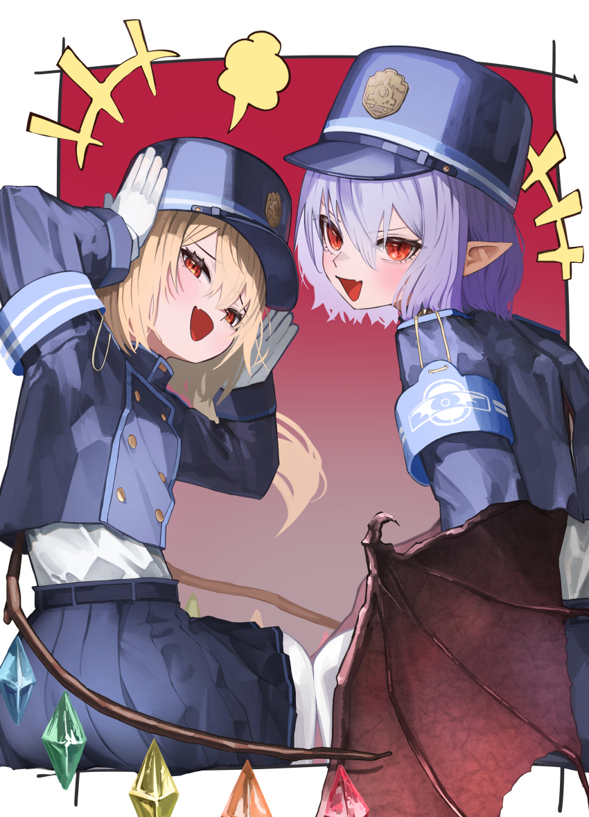 2girls absurdres armband arms_up bat_wings belt black_belt blonde_hair blue_archive blue_armband blue_eyes blue_jacket buttons clothes_lift cosplay cropped_jacket crystal_wings dedemaru double-breasted emphasis_lines epaulettes fang flandre_scarlet gloves hair_between_eyes highres hikari_(blue_archive) hikari_(blue_archive)_(cosplay) jacket jacket_lift long_hair long_sleeves multiple_girls nozomi_(blue_archive) nozomi_(blue_archive)_(cosplay) open_mouth pleated_skirt pointy_ears puff_of_air purple_hair red_eyes remilia_scarlet shirt shirt_tucked_in short_hair side_ponytail sitting skin_fang skirt slit_pupils smile touhou white_gloves white_shirt wings