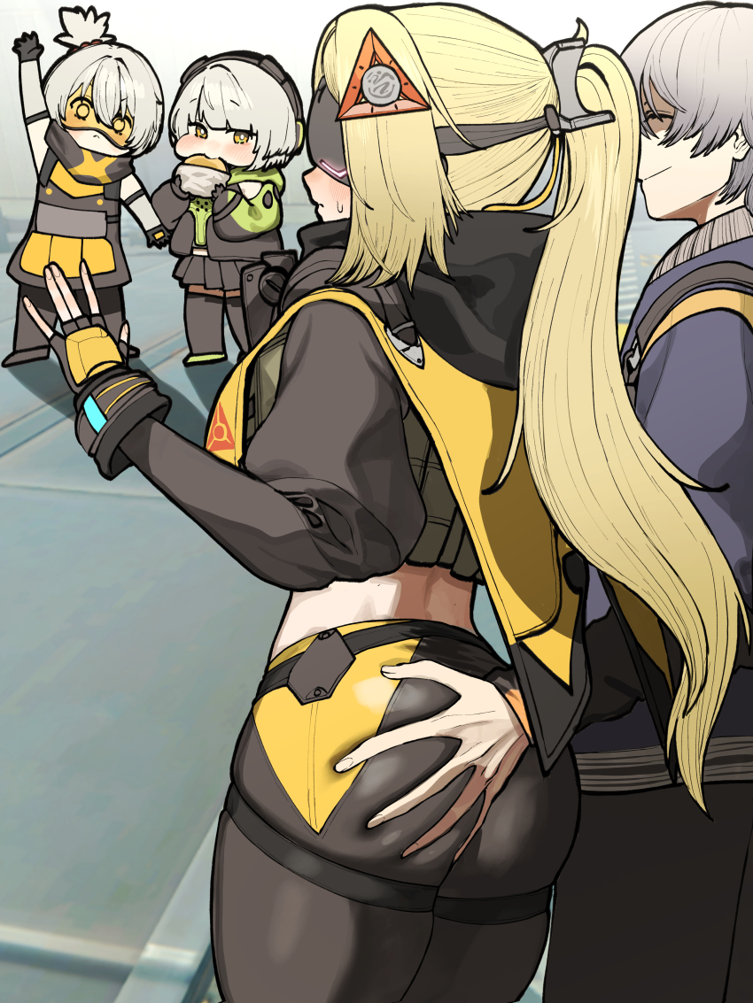1boy 3girls absurdres anby_demara ass blonde_hair blush burger chibi chroong closed_mouth covered_eyes deep_skin eating eye_mask fingerless_gloves food food_in_mouth gloves goggles grabbing_another&#039;s_ass grey_hair groping hair_ornament hetero high_ponytail highres holding holding_burger holding_food jacket long_hair long_sleeves midriff multiple_girls one_side_up pants partially_shaded_face ponytail skirt smile soldier_11_(zenless_zone_zero) standing stealth_ass_grab tight_clothes tight_pants trigger_(zenless_zone_zero) very_long_hair wise_(zenless_zone_zero) zenless_zone_zero