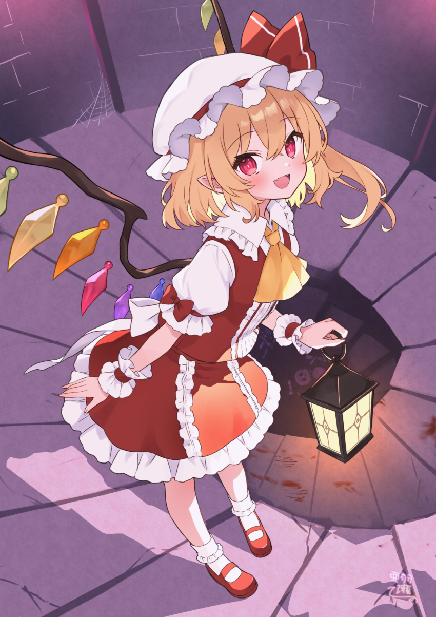 1girl ahase_hino arm_cuffs ascot blonde_hair blood blood_on_ground blush commentary_request crystal_wings flandre_scarlet frilled_skirt frills hat hat_ribbon highres holding holding_lantern lantern long_hair looking_at_viewer multicolored_wings open_mouth red_eyes red_ribbon red_shoes ribbon shoes side_ponytail silk skirt smile socks solo spider_web stairs touhou white_hat white_socks wings yellow_ascot