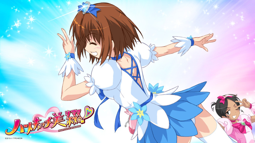 2girls april_fools black_hair brown_hair cosplay cure_blossom cure_blossom_(cosplay) cure_marine cure_marine_(cosplay) dark-skinned_female dark_skin fate/stay_night fate_(series) heartcatch_mitsuduri! heartcatch_precure! magical_girl makidera_kaede mitsuzuri_ayako multiple_girls non-web_source parody precure type-moon