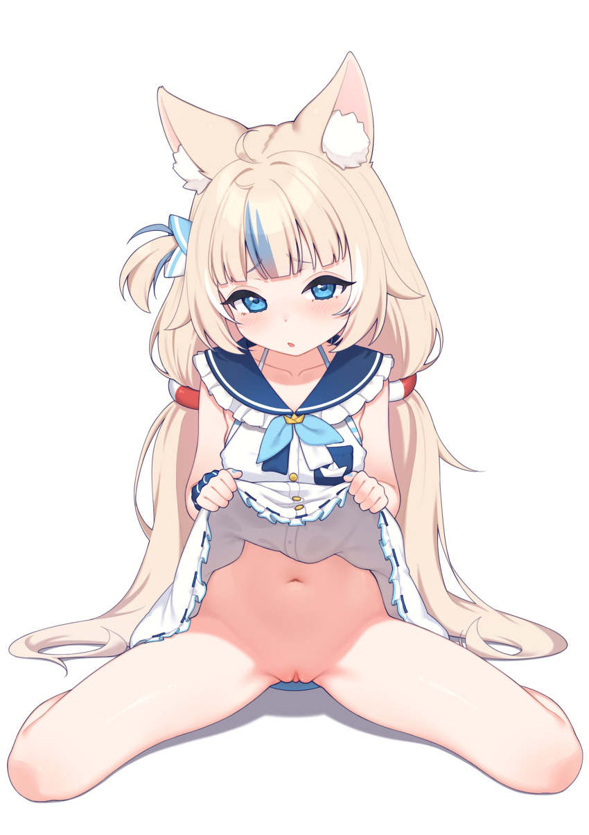 1girl absurdres animal_ears blonde_hair blue_eyes blush cat_ears clothes_lift dress dress_lift fins fish_tail highres indie_virtual_youtuber legs lifting_own_clothes loli long_hair long_twintails looking_at_viewer lucasyecla99 navel pussy sameko_saba sitting solo stomach tail thighs twintails uncensored virtual_youtuber white_background
