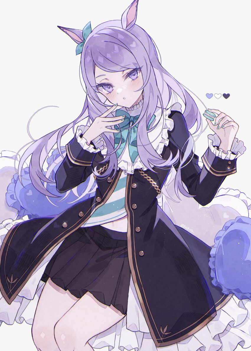 1girl bad_id bad_twitter_id black_coat black_skirt blue_bow blue_bowtie blue_nails blush bow bowtie coat cookie ear_bow fingernails food hands_up heart heart-shaped_pillow highres holding long_hair long_sleeves looking_at_viewer mejiro_mcqueen_(umamusume) midriff_peek miniskirt nail_polish navel open_clothes open_coat parted_lips pillow pleated_skirt purple_eyes purple_hair satsuki_(miicat) skirt solo umamusume white_background