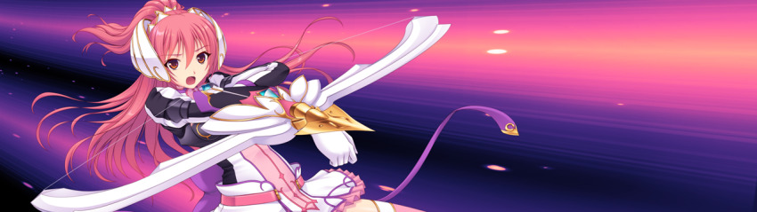 1girl :o armor arrow_(projectile) bow_(weapon) dress en_ciel_rena en_ciel_rena_(sin) floating_hair game_cg gloves headgear holding holding_weapon kourin_tenshi_en_ciel_rena large_variant_set long_hair non-web_source official_art open_mouth pink_eyes pink_hair ponytail red_eyes red_hair saitou_natsuki skirt solo suhamaya thighhighs tomoe_rena v-shaped_eyebrows variant_set weapon white_gloves zettai_ryouiki