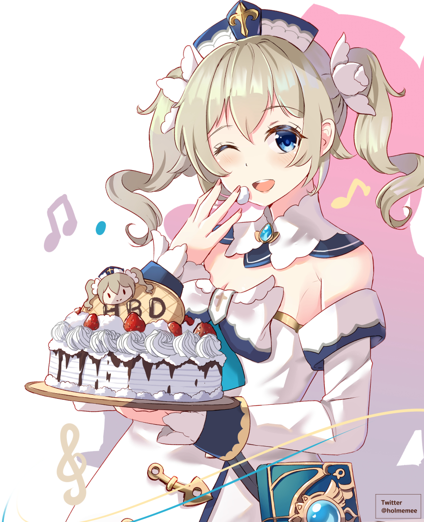 1girl ;d absurdres barbara_(genshin_impact) blue_eyes book breasts cake character_doll cleavage commentary_request cream detached_collar detached_sleeves doll dress drill_hair food fruit genshin_impact hair_between_eyes hair_ribbon happy_birthday hat highres holmemee light_brown_hair long_hair looking_at_viewer musical_note one_eye_closed open_mouth ribbon sidelocks smile solo strapless strapless_dress strawberry twin_drills twintails vision_(genshin_impact) white_dress
