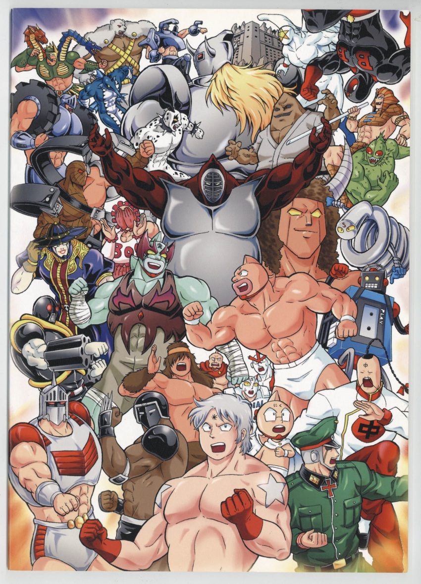 6+boys abs akuma_shogun alexandria_meat android arm_up armor artist_request atlantis_(kinnikuman) attack biceps black_hole_(kinnikuman) buffaloman canadiaman cape castle claws clenched_hand clenched_hands crushman_(kinnikuman) dalmatiman death_(entity) dougi epic evil_smile face-to-face faceless fighting_stance fish_boy geronimo_(kinnikuman) grim_reaper grin headphones highres holding holding_weapon jak_chi jumping kinniku_mayumi kinniku_suguru kinnikuman kinnikuman_(character) large_pectorals looking_afar looking_at_another looking_at_viewer manly marlinman marvellous_(kinnikuman) mask max_radial_(kinnikuman) mister_khamen monster_boy multiple_boys muscular nemesis_(kinnikuman) no_eyes no_mouth pectorals peek-a-boo_(kinnikuman) pentagon_(character) photo_(medium) polarman red_cape robin_mask shaded_face sharp_teeth simple_background smile specialman springman_(kinnikuman) stecase_king strong_the_budo tag_team teamwork teeth terryman the_mountain_(kinnikuman) turboman_(kinnikuman) warsman weapon wrestling wrestling_outfit