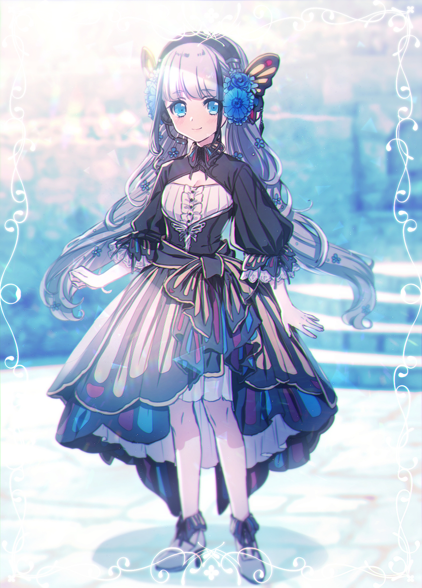 1girl beautifly blue_eyes blush breasts butterfly_hair_ornament cleavage dress female_focus flower full_body gen_3_pokemon hair_flower hair_ornament hairband highres looking_at_viewer moe_(hamhamham) nintendo personification pokemon puffy_short_sleeves puffy_sleeves short_sleeves sidelocks silver_hair small_breasts smile solo standing