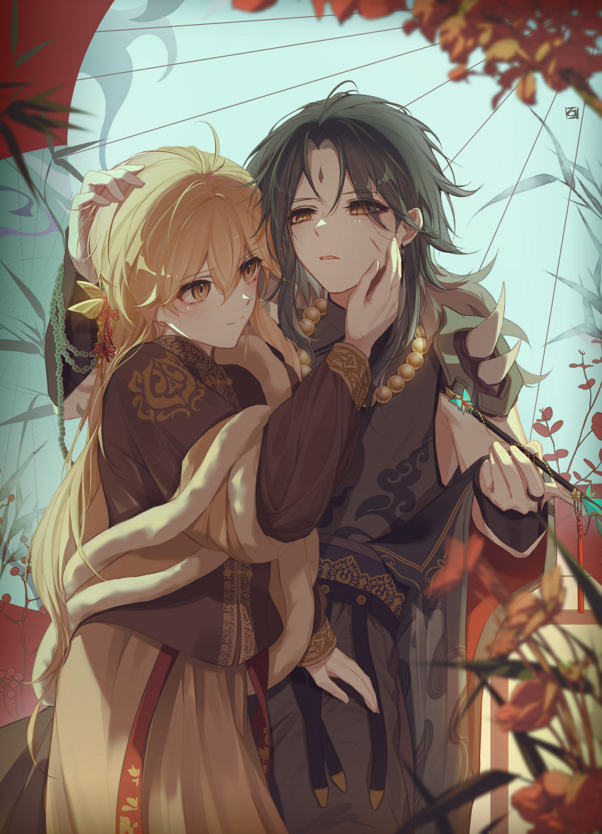 2boys absurdres aether_(genshin_impact) black_hair blonde_hair braid braided_ponytail chinese_clothes facial_mark forehead_mark genshin_impact green_hair hanfu highres jewelry kuko_(geeeee_ss) long_hair male_focus multicolored_hair multiple_boys necklace sidelocks xiao_(genshin_impact) yaoi yellow_eyes