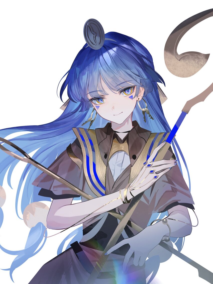 1girl blue_hair blue_nails bracelet brown_shirt buttons closed_mouth collared_shirt commentary cowboy_shot earrings facial_tattoo fossilized_wonders gold gold_bracelet gold_earrings hair_bobbles hair_ornament head_tilt headpiece highres holding holding_scepter jewelry key key_earrings long_hair looking_at_viewer michigami_nareko multicolored_eyes reeh_(yukuri130) scepter shirt short_sleeves simple_background solo tattoo touhou undershirt very_long_hair white_background