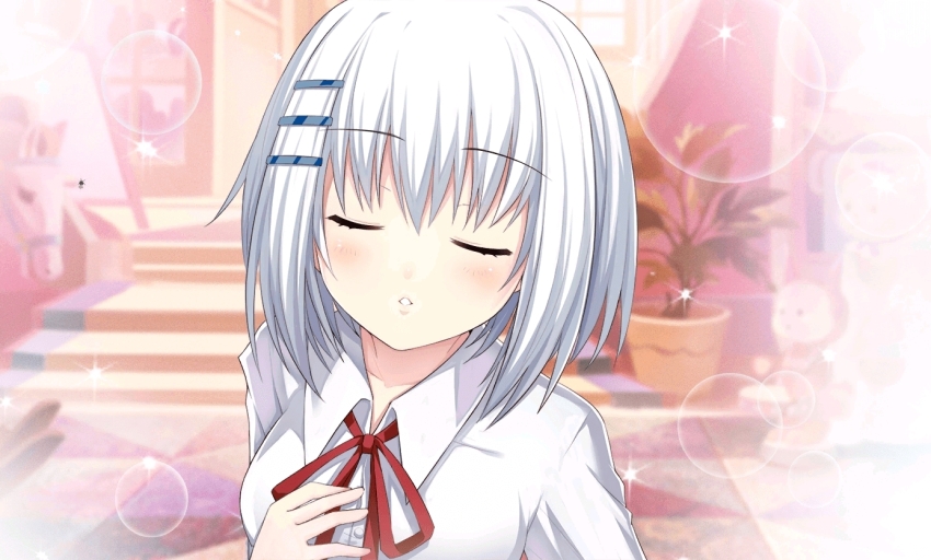 1girl blue_eyes blush closed_eyes collared_shirt date_a_live date_a_live:_spirit_pledge game_cg hair_ornament hairclip heavy_lens_flare indoors lens_flare neck_ribbon official_art plant potted_plant raizen_high_school_uniform red_ribbon ribbon school_uniform shirt solo third-party_source tobiichi_origami upper_body white_shirt