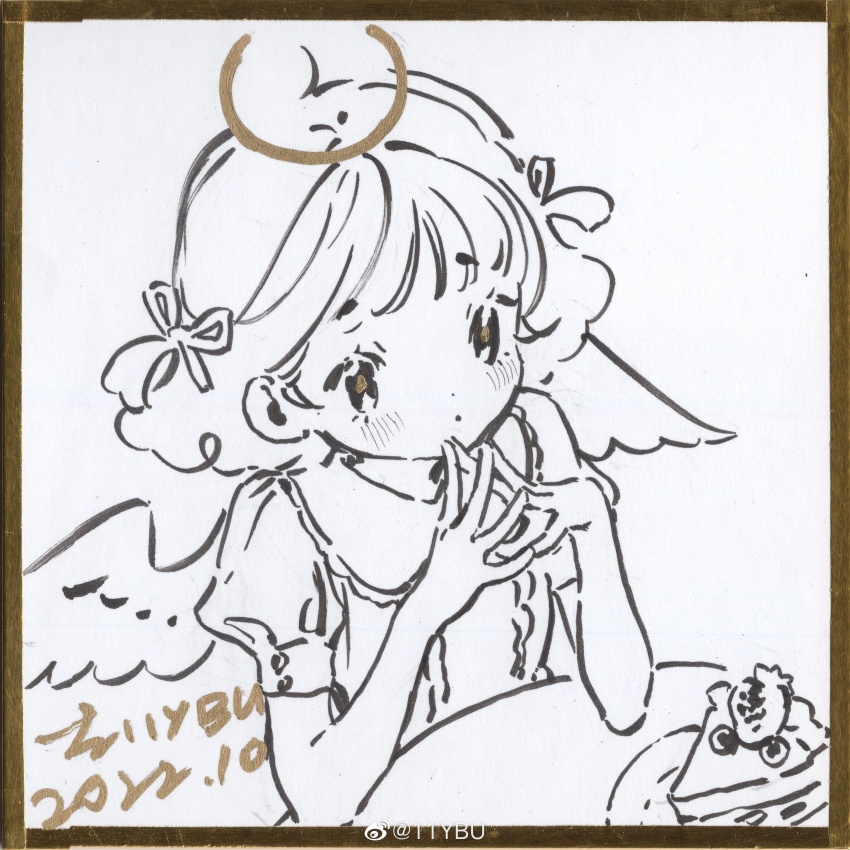 1girl absurdres angel angel_wings bare_arms blueberry blunt_bangs buttons cake cake_slice center_frills chinese_commentary collared_dress commentary_request dated dress elbows_on_table expressionless eyelashes feathered_wings food frilled_dress frills fruit greyscale hair_ribbon halo hidari_(nanmu-left) highres looking_ahead medium_hair monochrome original own_hands_together plate puffy_short_sleeves puffy_sleeves ribbon short_sleeves signature sitting solo spot_color strawberry tareme traditional_halo traditional_media two_side_up upper_body watermark weibo_watermark wings yellow_halo yellow_pupils