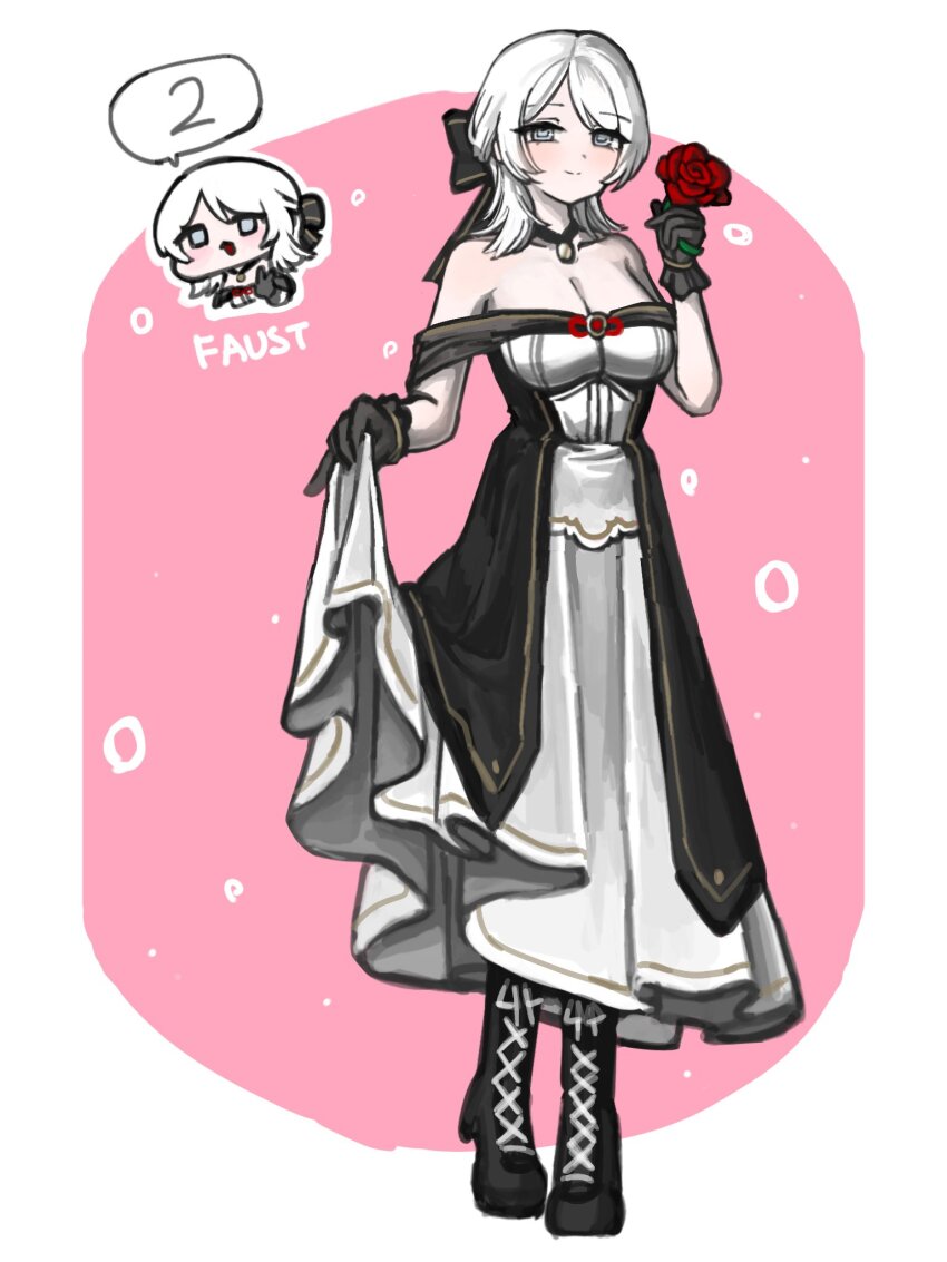 1girl alternate_costume bare_shoulders black_bow black_gloves black_shoes blue_eyes border bow breasts character_name cleavage closed_mouth dress faust_(project_moon) flower full_body gloves hair_bow highres holding holding_flower jewelry limbus_company looking_at_viewer necklace nra_3614 pink_background project_moon red_flower red_rose rose shoes short_hair simple_background solo standing white_border white_dress white_hair
