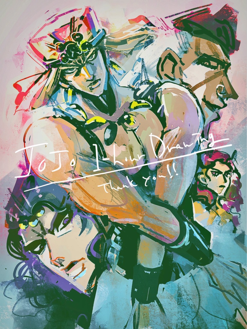 4boys bad_id bad_pixiv_id bracer chocoblood earrings esidisi highres horns jewelry jojo_no_kimyou_na_bouken kars_(jojo) lip_piercing long_hair male_focus multiple_boys muscular muscular_male necklace nose_piercing nose_ring piercing purple_hair red_hair santana_(jojo) topless_male turban wamuu wavy_hair