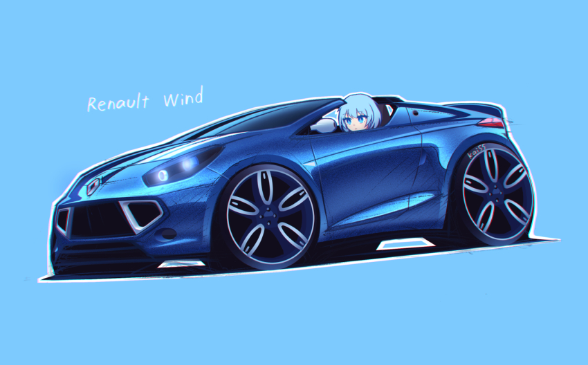 artist_name blue_background blue_car blue_eyes blue_hair blue_theme car driving glowing kai55 looking_ahead motor_vehicle original renault renault_wind shadow short_hair vehicle_focus vehicle_name