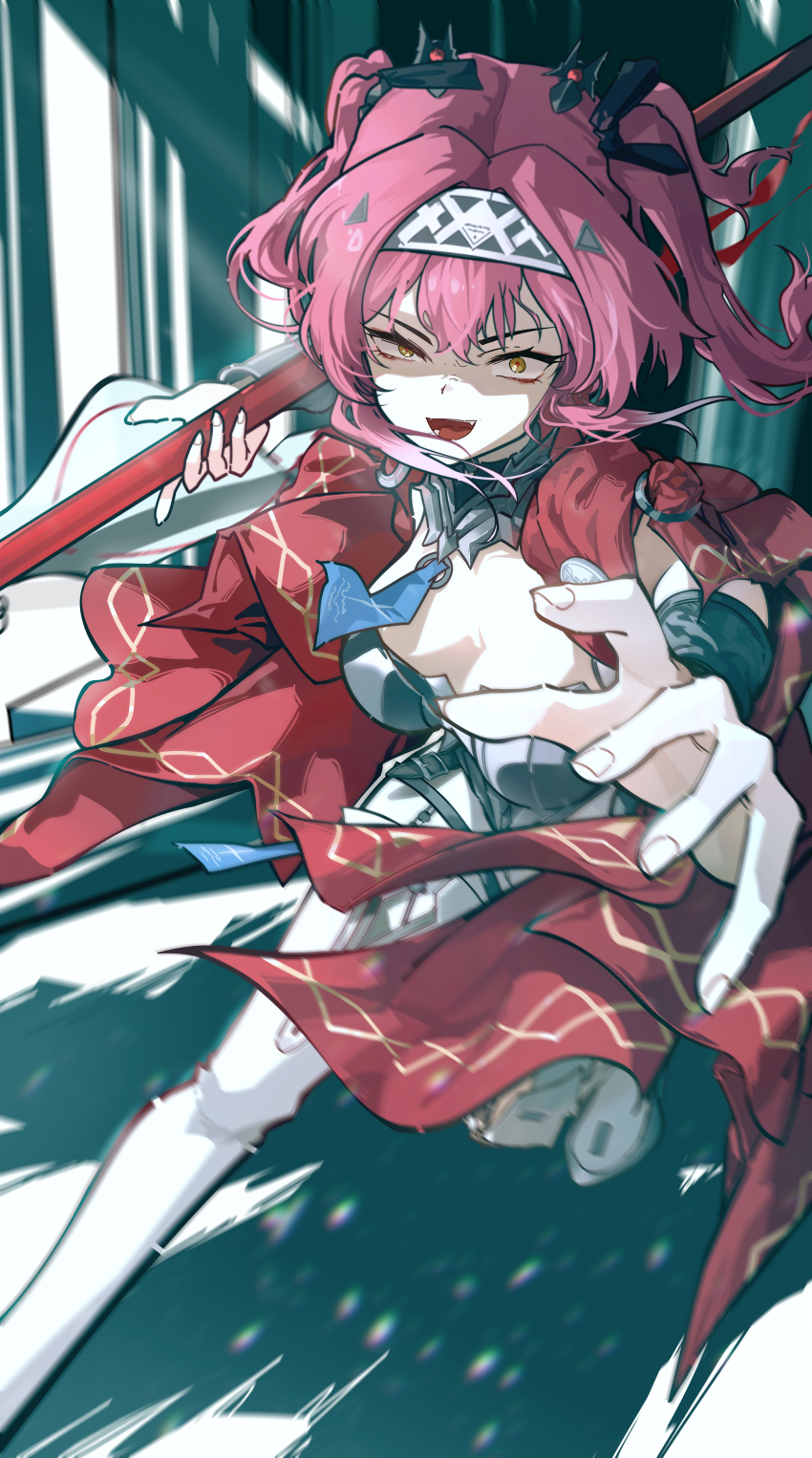 1girl absurdres armor black_bow bow breastplate breasts chromatic_aberration collar commentary english_commentary hair_bow hairband highres holding holding_polearm holding_weapon incoming_attack looking_at_viewer lupa_(wuthering_waves) medium_breasts metal_collar metal_hairband open_mouth pink_hair polearm red_pupils red_sash ryeon_(naturesan) sash smile solo twintails v-shaped_eyebrows weapon wrist_guards wuthering_waves yellow_eyes