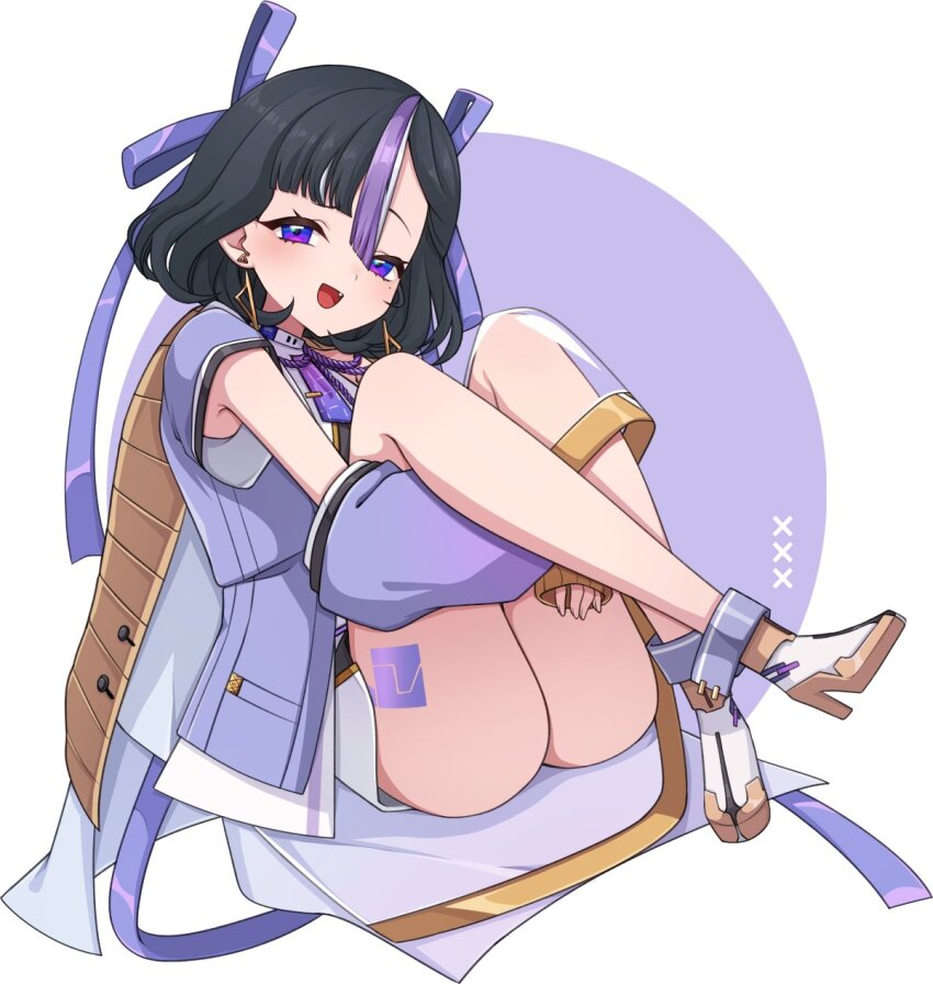 1girl ankle_cuffs ass black_hair blush chiji_komari detached_sleeves earrings fang goddess_of_victory:_nikke hair_ribbon happy high_heels highres hugging_own_legs jacket jewelry leg_tattoo looking_at_viewer mole mole_under_eye multicolored_hair necktie open_mouth purple_eyes purple_hair purple_jacket purple_necktie purple_ribbon purple_rope purple_sleeves raised_eyebrow ribbon rope shirt short_hair short_necktie sitting skirt streaked_hair syuen_(nikke) tattoo triangle_earrings white_background white_hair white_shirt white_skirt